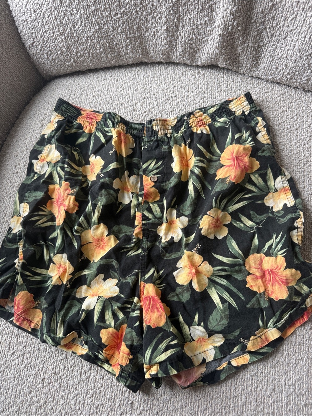Black Floral Swim Trunks with Yellow Hibiscus Print